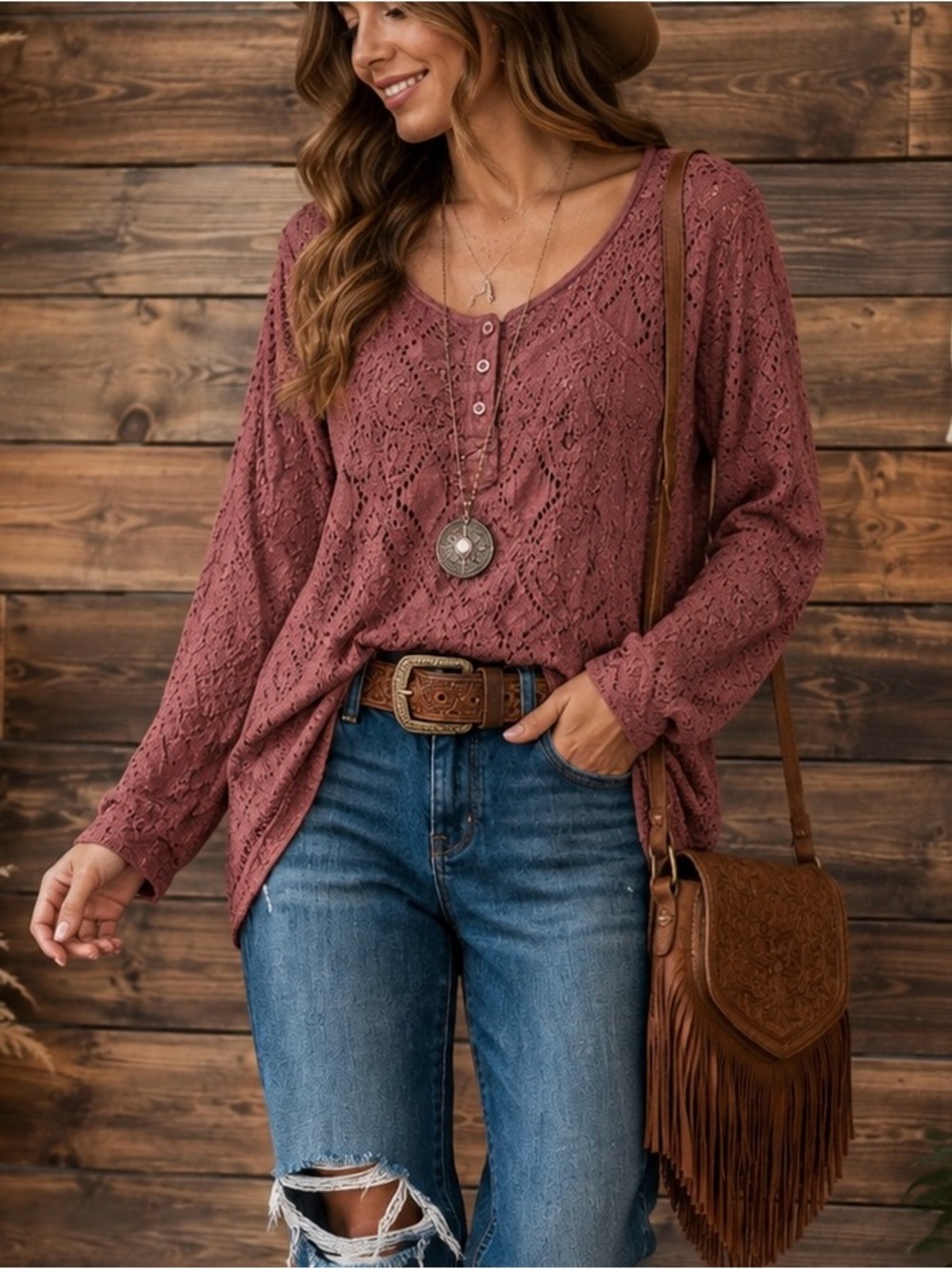 Maurice’s Size L 12/14 Lace Square Neck Henley Top | Dusty Rose | Boho | Cottage